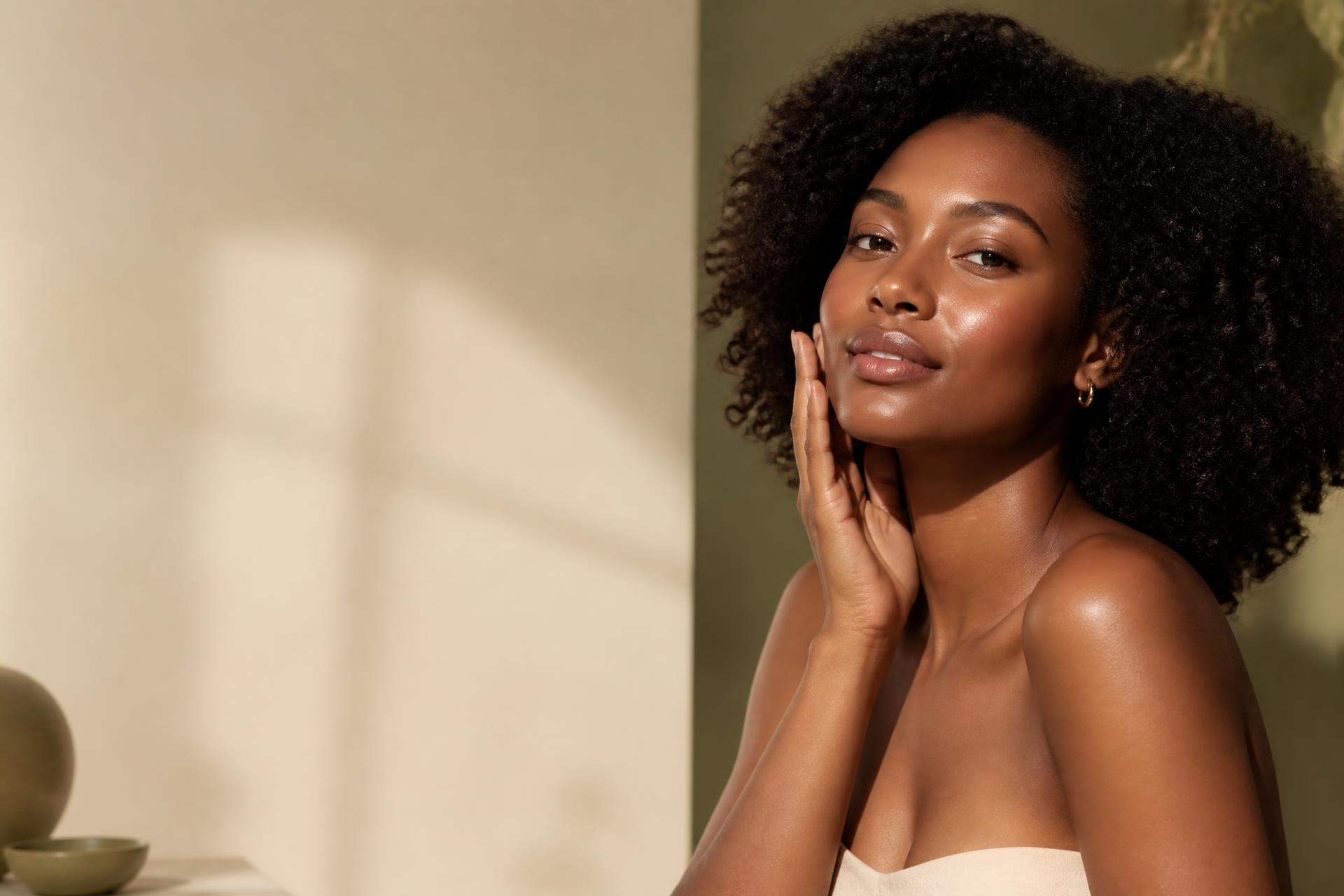 Woman with radiant skin and healthy natural curls in warm light