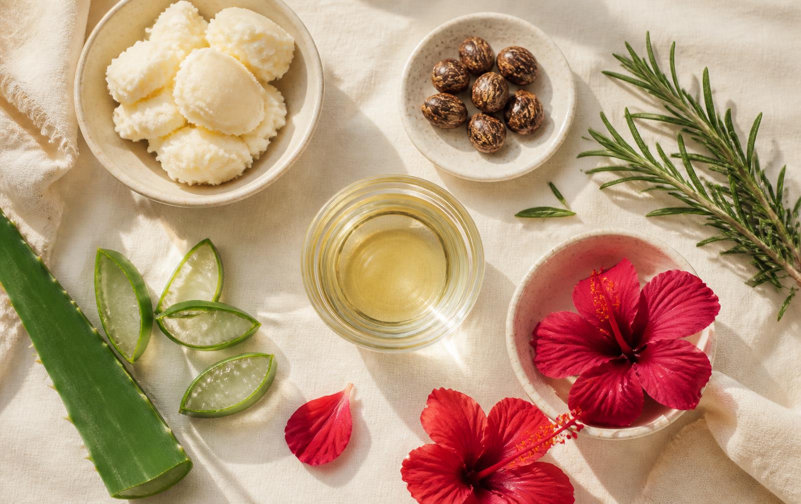 Flat lay of shea butter, aloe, rosemary, castor oil and hibiscus